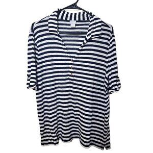 Chicos Womens sz 3 Linen Knit Shirt Polo Black White Stripe buttons collar